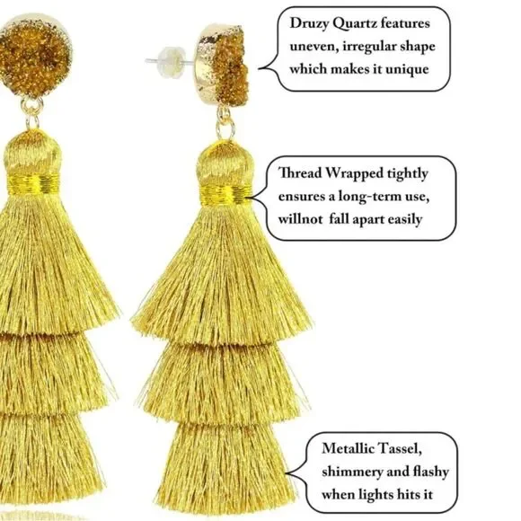 14K Yellow Gold with Gold Silk Thread Tassel and Quartz Druzy Post Drop Earrings